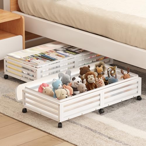 Under Bed Storage with Wheels-Large Bamboo Underbed storage Containers with Large Dust Bag Stackable Under the Bed Shoe Storage Bins for Clothes Books Bedding (2 Packs White, 33.07"L×16.54"W× 6.5"H) - Image 2