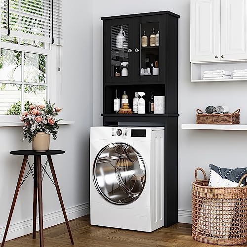 Over The Toilet Storage Cabinet for Bathroom, Black Storage Organizer Over Toilet, Space Saver with 2 Tempered Glass Doors, Black - Image 3