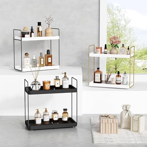 Forbena White Bathroom Organizer Countertop, Kitchen Counter Shelf Organizer for Coffee Bar Station, Makeup Vanity Organizers and Storage, Tiered Sink Tray for Perfurm Skincare (White and Grey) - Image 7