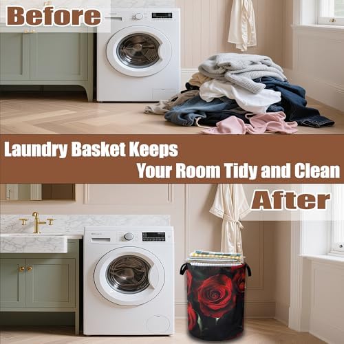 Laundry Hamper,Red Rose Collapsible Laundry Baskets Waterproof Oxford Cloth With Handles,Clothes Storage Bucket Toy Organizer For Bathroom/Nursery/Bedroom 16" x 20.8" - Image 6