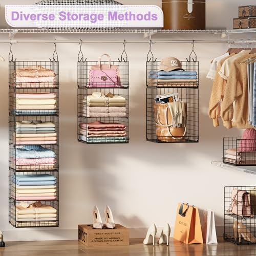 6 Tier Hanging Closet Organizers and Storage Stackable Hanging Closet Shelves with 4 Hooks 2 Adjustable Dividers, Wire Storage Basket Bins for Clothing Purse Sweaters Shoes Socks Dolls, Foldable - Image 2