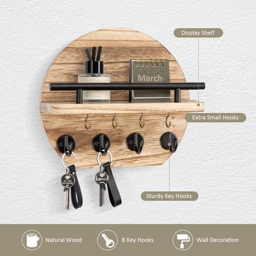 Nekon Key Holder for Wall, 9.8 Inch Round Wall Decor, Wood - Image 2