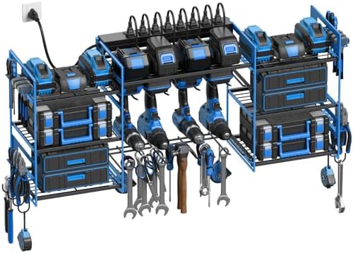 CCCEI Blue Power Tool Organizer Wall Mount, Large Tools and Battery Storage Rack Charging Station Individual Switches. Drills Holder, Garage Utility Shelves with 6FT Power Strip. Gift for Men. by CCCEI