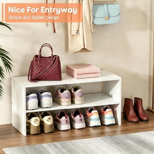 2 Pack Expandable White Shoe Rack Organizer for Closet, 2-Tier Stackable Shoe Storage Shelf, Small Iron Wood Combination Shoe Shelves for Closets,Entryway,Front Door, Narrow Space,Hallway,15-24 Pairs - Image 5
