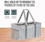 Extra Large Utility Tote Bag, Oversized Collapsible Reusable Wire Frame Rectangular Canvas Basket With Two Exterior Pockets For Beach, Pool, Laundry, Car Trunk, Storage - Geo Grey - Image 5