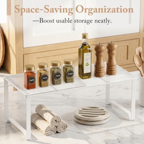 Extendable Metal Wire Shelf Organizer - Adjustable 15-24.4in Length, Stackable Storage Rack for Kitchen/Pantry/Bathroom/Shoe Cabinet/Tool Closet (4, White) - Image 6
