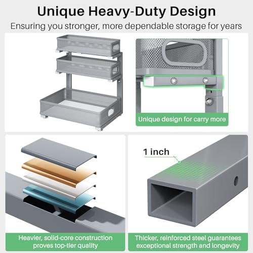Kitstorack Under Sink Organizer, 2-Pack 3-Tier Height Adjustable Thickened Metal Pull out Cabinet Organizer Shelf, Slide out Storage Drawer Rack for Bathroom Kitchen Pantry Home Organization, Grey - Image 6