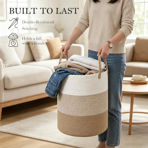 70L Woven Laundry Basket,Large Clothes Hamper with Handles- Yellow - Image 5