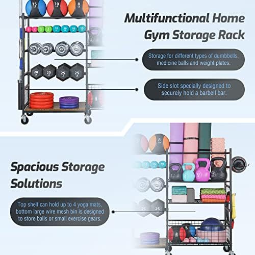 PLKOW Dumbbell Rack, Weight Rack for Dumbbells, Home Gym Storage for Dumbbells Kettlebells Yoga Mat and Balls, All in One Workout Storage with Wheels and Hooks, Powder Coated Finish Steel - Image 4