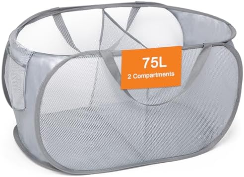 Sturdy Collapsible Laundry Baskets, Foldable Pop Up Laundry Hamper, Durable 2 Compartments Laundry Basket, Handy Pocket & Easy to Sort Clothes Hampers for Laundry, Dorm, Kids Room, Travel Grey by Bemkoo