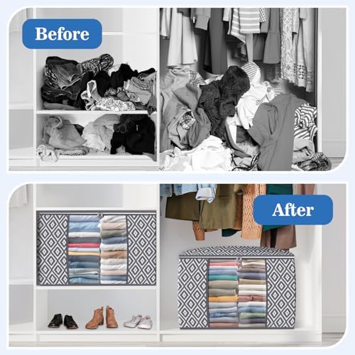 100L 6 Pack Storage Bags, Foldable Clothes Bins with Clear Window, Gray | Blanket Storage Containers with Reinforced Handles for Bedding, Comforters, Clothing, Quilts and Closet Organization - Image 4