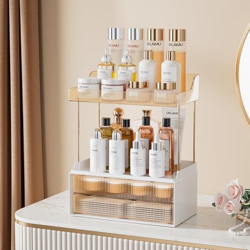 Delamu 4-Tier Makeup Organizer, Bathroom Counter Storage, 2 Drawers, Amber - Image 3
