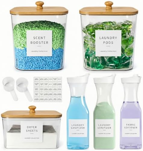 3+3 Pack Laundry Pods Containers & Dryer Sheet Holder & Laundry Detergent Dispenser, Laundry Room Organization and Storage Jars with Lids, Labels and Scoops for Scent Booster, Powder, Pods by Unknown