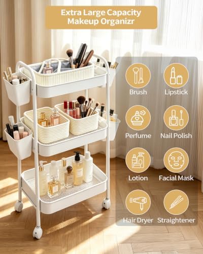 3 Tier Rolling Cart Organizer with Wheels, Metal Utility Storage Cart for Nursery, Bathroom, Kitchen, Craft Room & Laundry Room, Includes Hanging Baskets and Rope Storage Bin, White - Image 5