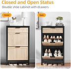 2-Flip Drawer Shoe Cabinet Narrow Entryway Rack, Oak&Black - Image 7