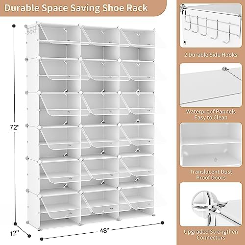 ROJASOP Portable Shoe Rack Organizer with Door, 72 Pairs White Shoe Storage Cabine Covered Shoe Rack Shoe Organizer for Closet Entryway Garage Closed Shoe Rack Organizer Cabinet with Doors - Image 3
