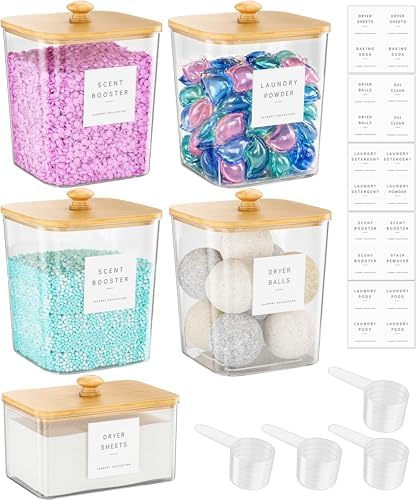 Moforoco 4+1 Pack Bamboo Laundry Pods Container, Acrylic Clear Laundry Room Organization Containers,Large Laundry Pods Holder for Scent Booster Detergent Powder Storage Containers Lids & Labels by MOFOROCO