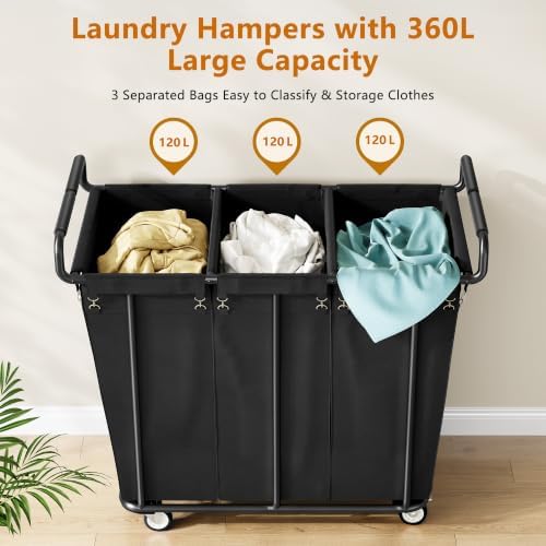 Gewudraw 3 Section Heavy Duty Laundry Sorter Cart with Wheels, 360L, Black - Image 6