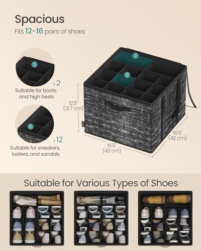 SONGMICS Shoe Organizer for Closet, Fabric Bins, Fits up to 16 Pairs | Shoe Storage Box with Clear Lid, Storage Compartments with Reinforced Handles, Ink Black, TINA Collection ULSP601B01 - Image 3