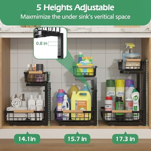ADRIMER Under Sink Organizer 2 Packs, Pull Out Kitchen Sink Organizer, 2 Tier Slide Out Kitchen Organizers and Storage Bathroom Under Cabinet Storage Shelf, Black - Image 3