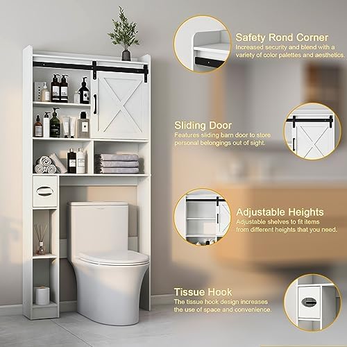 Vabches Over The Toilet Storage Cabinet with Sliding Barn Door. White - Image 3
