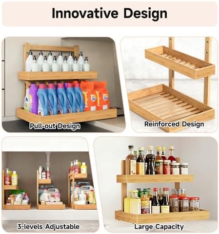 Bamboo Undersink Organizer Storage - 2-Tier Cabinet Shelf with Adjustable Levels, Under Sink Storage Slide Out for Cabinet Pantry Kitchen Bathroom (Natural, 2 Packs) - Image 2