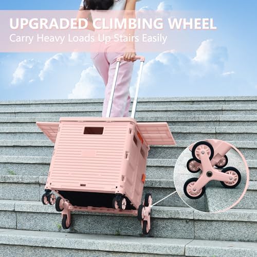 Foldable Utility Cart with Stair Climbing Wheels,Collapsible Rolling Crate with Magnetic Lid Telescopic Cover,Telescoping Handle,360° Rotate Wheel Hand Cart for Teacher Shopping Moving Grocery(Pink) - Image 7