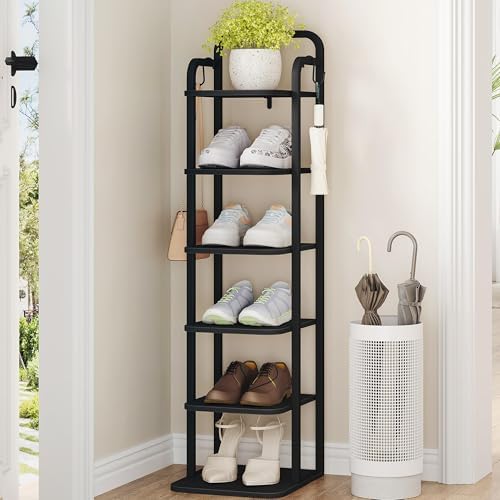Hzuaneri Vertical Shoe Rack, Shoe Shelves, Wood Shoe Organizer for Closet, Entryway, Shoe Tower for Small Spaces, Free Standing, Adjustable, with 2 Hooks, 6 Tier Black SR04204B by Hzuaneri