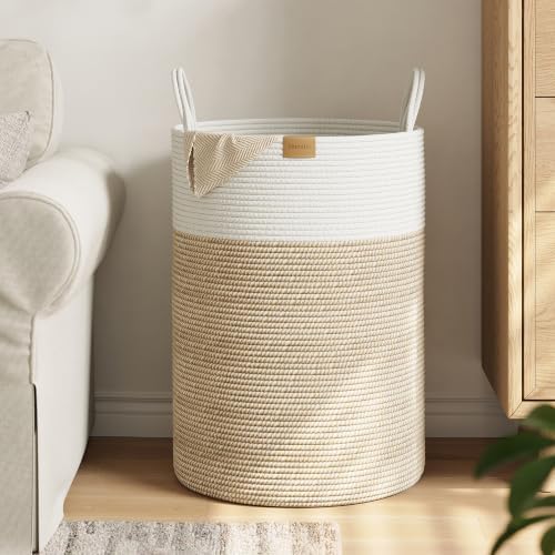 Nunsino Laundry Hamper 95L,Large Laundry Basket for Clothes,Decorative Storage Basket for Blankets,Cotton Rope Woven basket for bedroom,Brown White by Nunsino