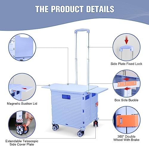 Foldable Utility Cart Folding Portable Rolling Crate with Magnetic Extended Lid,360°Rotate Wheels,176LBS Load Capacity,Heavy Duty Durable Dolly Cart for Teacher Tourist Shopping Office Outdoor - Image 4