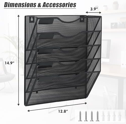 EASEPRES 5 Pocket Mesh Hanging Wall File Organizer, Wall Mounted Mail Paper Document Folder Holder, Clipboard Storage Organization Magazine Rack with Nametag Label for Office Home School, Black - Image 2