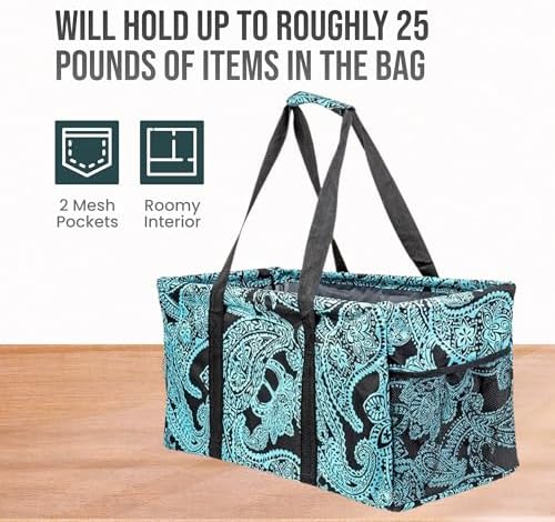 Extra Large Utility Tote Bag - Oversized Collapsible Reusable Wire Frame Rectangular Canvas Basket With Two Exterior Pockets For Beach, Pool, Laundry, Car Trunk, Storage - Paisley Blue - Image 5