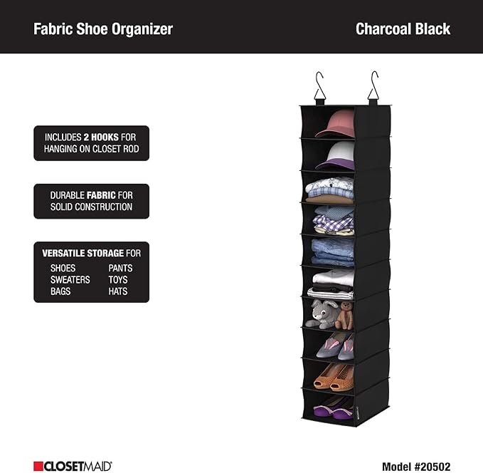 ClosetMaid 10-Shelf Fabric Hanging Shoe Storage Organizer for Closet, Charcoal Black - Image 5