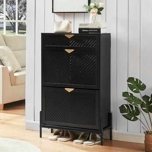 Shoe Cabinet with 2 Flip Drawers, Narrow Entryway Rack, Black by VIPLUMI