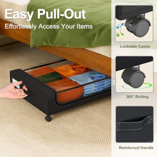 GoMaihe Under Bed Storage with Wheels 70L Black 2-Pack | Rolling Rangement Vetement sous le Lit - Containers for Clothes Shoes in Bedroom - Easy Pull-out - Image 3