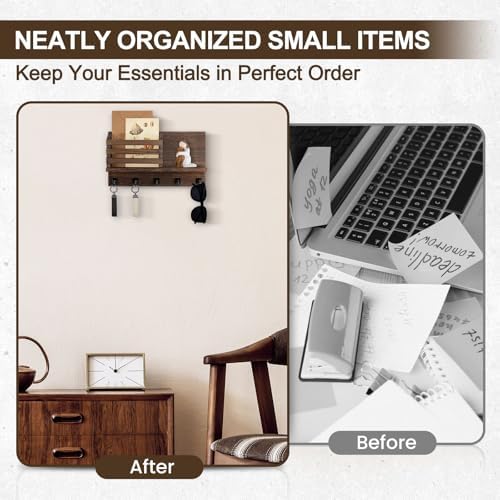 Key Holder Wall Mount, Mail Organizer for Wall with 5 Square Key Hooks - Image 6