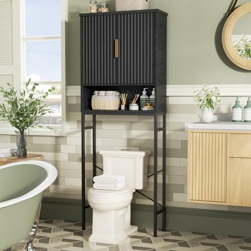 Over The Toilet Storage Cabinet with Fluted Doors and Adjustable Shelf, Tall Bathroom Organizer with Metal Stand Space Saver Over Toilet , Wood Rack for Bathroom, Restroom, Laundry, Natural Black - Image 3