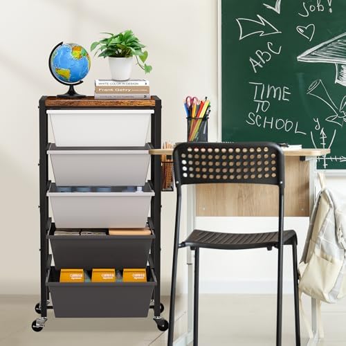 Rolling Cart with Drawers, Rolling Storage Cart with Large Plastic Drawers & Wooden Tabletop, Utility Cart with Pegboards & Basket, Storage Drawers Cart for Living Room, Classroom, Bedroom, Office - Image 6