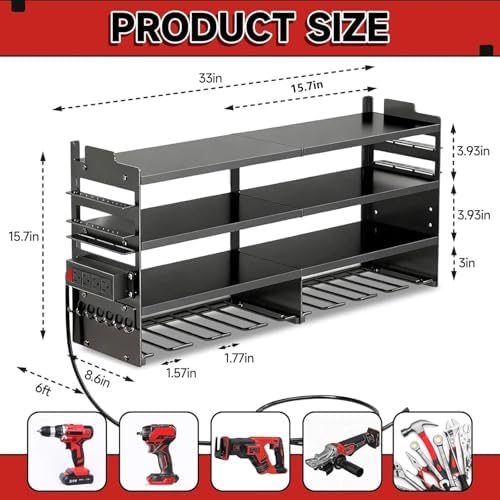 33" W Power Tool Organizer with Charging Station, 4 Layers Heavy Duty Metal Tool Storage Rack Wall Mount 8 Cordless Drill Holder with 4 Power Strip, Battery Organizer for Garage, Workbench,Tool Room - Image 6