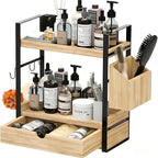 2-Tired Bathroom Counter Organizers and Storage, Bathroom Countertop Organizer with Drawer, Solid Wood Skincare Perfume Organizer for Vanity Kitchen Corner Shelf Office Countertop (Light Brown) by Unknown