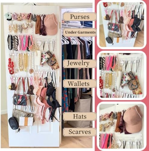 Evelots Rack for Purses, Belts, Jewelry, Ties, Hats - New Over the Door Organizer - Adjustable 8 Tier - 40 Hooks for Multi Uses - Easy Assembly - No Tools Needed - White Coated Sturdy Metal - Image 3