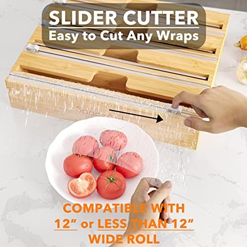 SpaceAid WrapNeat 4 in 1 Wrap Organizer with Cutter and Labels, Plastic Wrap, Aluminum Foil and Wax Bamboo Dispenser for Kitchen Storage Organization Holder for 12" Roll (Natural, 4-Slot) - Image 5