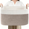 65L Laundry Basket with Handles, Woven Blanket Basket, White/Brown by HZFTJOY