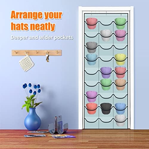 Hat Rack for Baseball Caps, 27 Pockets Over The Door Baseball Hat Organizer, Fitted Hat Storage for Closet Wall Mount Bag With Large Pockets & 3 Hooks, Hat Holder Hanger Organization to Display Caps - Image 2