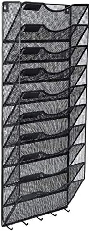 EasyPAG 10 Pocket Mesh Wall File Organizer with Key Hooks, Hanging Paper Folder Holder with Classify Label, Vertical Wall Mount Mail Organizer for Office Home Classroom, Black by EasyPAG