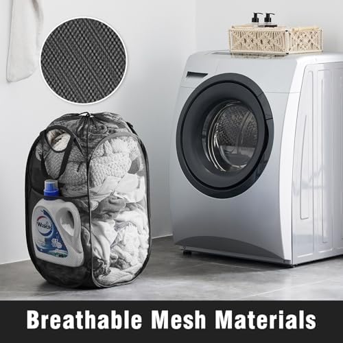 TECHMILLY Collapsible Mesh Pop Up Laundry Hamper with Sturdy Handles and Side Pocket - Portable Foldable Clothes Baskets for Dorm, Bathroom & Travel Storage (with Drawstring, Black) - Image 6