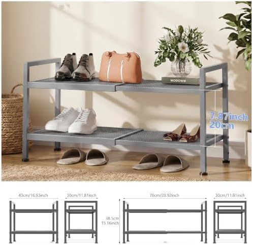 Expandable Shoe Rack for Closet, Entryway, Shoe Storage, 2-Tier, Grey - Image 3