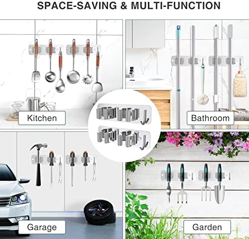 homeasy Wall Mount Mop and Broom Holder, Heavy Duty Stainless Steel Organizer Rack with Hooks | 4-Pack, 2-in-1 No Drill & Screw Installation, Silver - Image 6