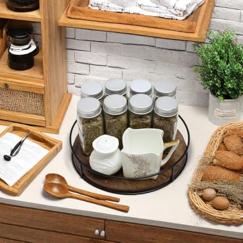 9" Rustic Brown Wood Lazy Susan,360° Decorative Turntable for Countertop - Image 5
