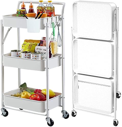 Foldable Storage Cart 3 Tier Rolling Cart with Wheels No Assemble Required Metal Utility Kitchen Cart Heavy Duty Folding Storage and Organizer for Classroom, Bedroom(White) by Asunflower